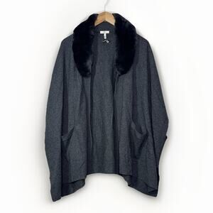 Joie Rabbit Fur Collar Cardigan Womens M Gray Oversized Wool Cashmere Soft Holes